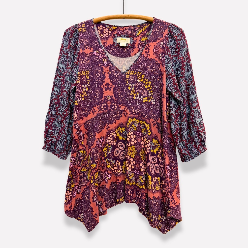 Maeve Anthropologie Flowy Boho Print Tunic Top Handkerchief Hem Puff Sleeve XS